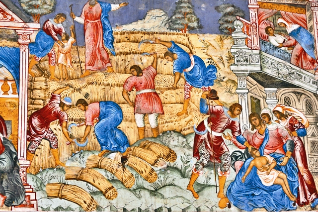 Смерть сына сонамитянки во время жатвы. Фреска церкви Илии Пророка