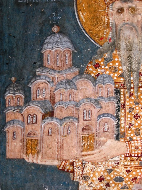 Святой Стефан Урош II Милутин, король Сербский. Фреска монастыря Грачаница, Косово, Сербия. Около 1321 года. Фрагмент.