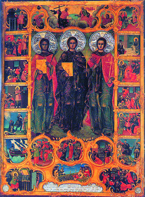 Житийная икона «Святые Акакий, Игнатий и Евфимий» из скита Иоанна Крестителя Иверского монастыря на Афоне (1818 г., иконописец Доси- фей, мон. из Сербии). Святой Акакий изображен держащим в правой руке икону «Воскресение Христово», а в левой руке – пальмовую ветвь. В левой части этой иконы расположено пять клейм со сценами его жития: Акакий открыто исповедует христи- анство при дворе властителя; приве- дение Акакия к властителю; мучение в тюрьме; причащение; отсечение головы. В 6-м клейме – перенесение мощей преподобномучеников Ака- кия, Игнатия и Евфимия на Афон.